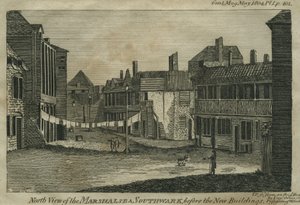 Vista norte do Marshalsea, Southwark, antes dos novos edifícios, gravada por TP, c.1804